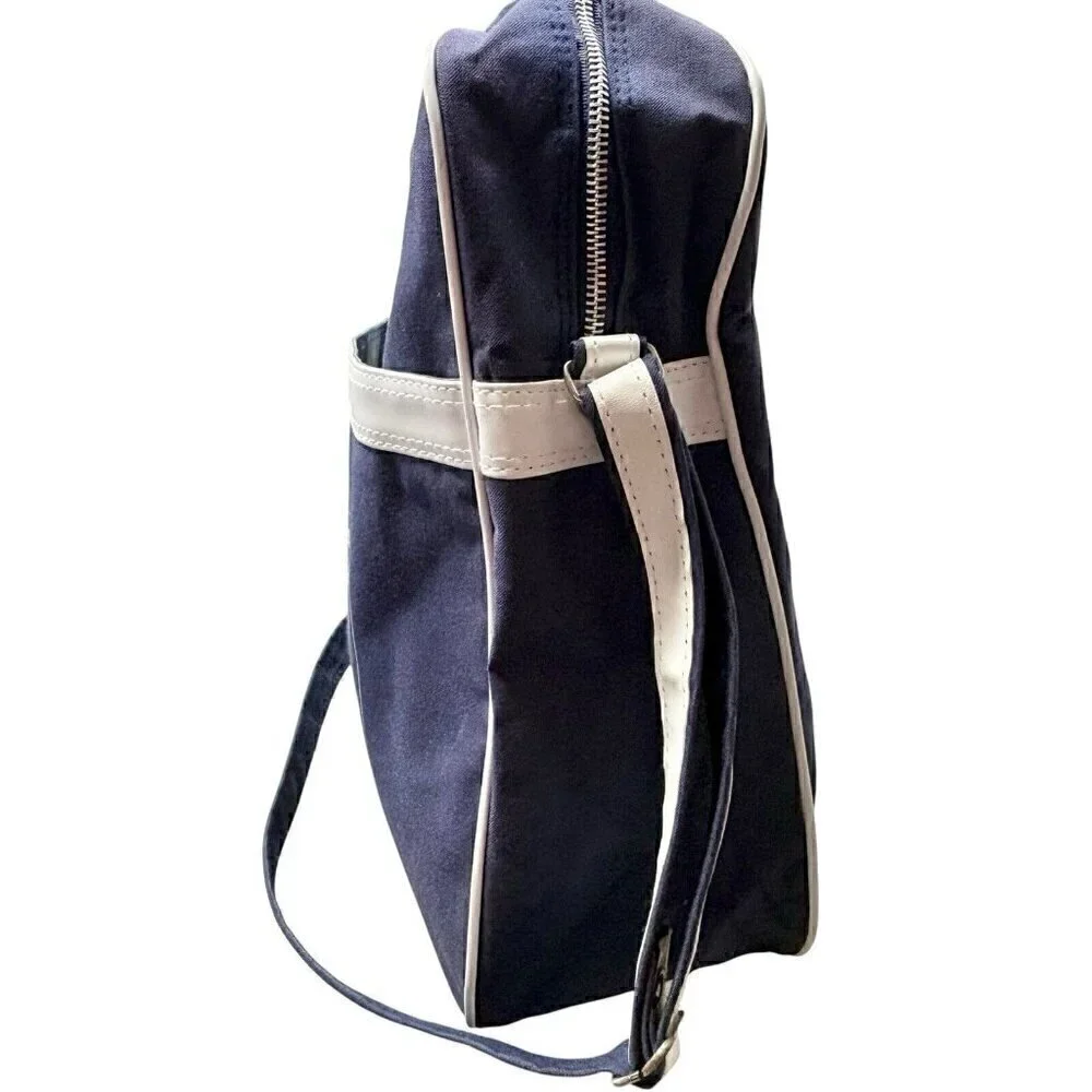 VTG 70s German Royal Travel Canvas Shoulder Tote Crossbody Bag Navy & White